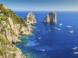 Faraglioni cliffs panorama,and the majestic Tyrrhenian sea,Capri island,Italy,Europe