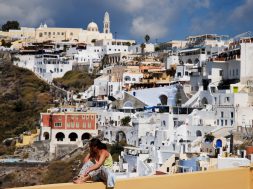 Panoramic view of the Catholic quarter of Fira, Fira, Santorini island (Thira), Greece.