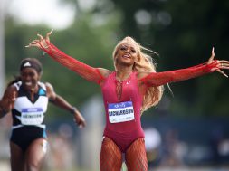 NEW YORK, NEW YORK - JUNE 12: Sha'Carri Richardson celebrates after winning the Women's 200m during the New York Grand Prix at Icahn Stadium on June 12, 2022 in New York City. (Photo by Mike Stobe/Getty Images)