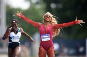 NEW YORK, NEW YORK - JUNE 12: Sha'Carri Richardson celebrates after winning the Women's 200m during the New York Grand Prix at Icahn Stadium on June 12, 2022 in New York City. (Photo by Mike Stobe/Getty Images)