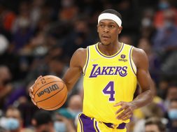 PHOENIX, ARIZONA - OCTOBER 06: Rajon Rondo #4 of the Los Angeles Lakers handles the ball during the NBA preseason game at Footprint Center on October 06, 2021 in Phoenix, Arizona. The Suns defeated the Lakers 117-105. NOTE TO USER: User expressly acknowledges and agrees that, by downloading and or using this photograph, User is consenting to the terms and conditions of the Getty Images License Agreement. (Photo by Christian Petersen/Getty Images)