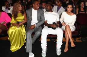 LOS ANGELES, CA - JULY 01:  (L-R) Singer Beyonce, rappers Jay-Z and Kanye West and television personality Kim Kardashian attend the 2012 BET Awards at The Shrine Auditorium on July 1, 2012 in Los Angeles, California.  (Photo by Christopher Polk/Getty Images For BET)
