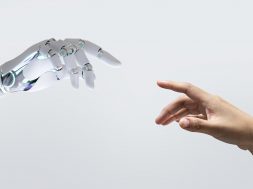 Technology human touch background, modern remake of The Creation of Adam